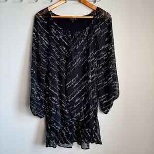 Tamara H women's Script Print‎ Layered Semi-Sheer 3/4 Sleeve Blouse Black 3X